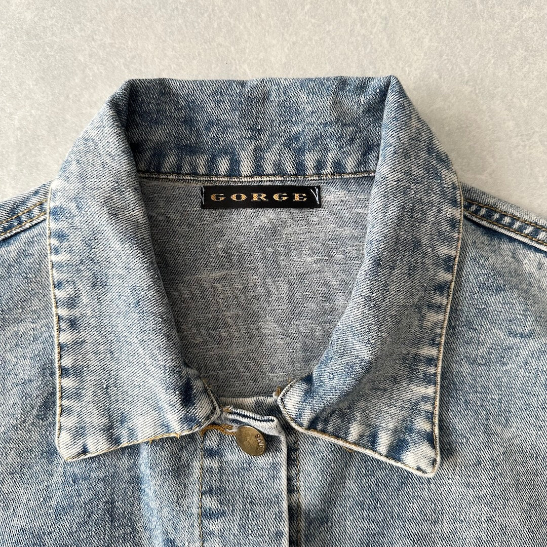 ビジュースパンコール刺繍デニムジャケット ブルー F 古着 メンズ