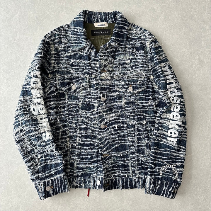 【mindseeker × roarguns】プリントキルティングデニムジャケット ブルー L 古着 メンズ