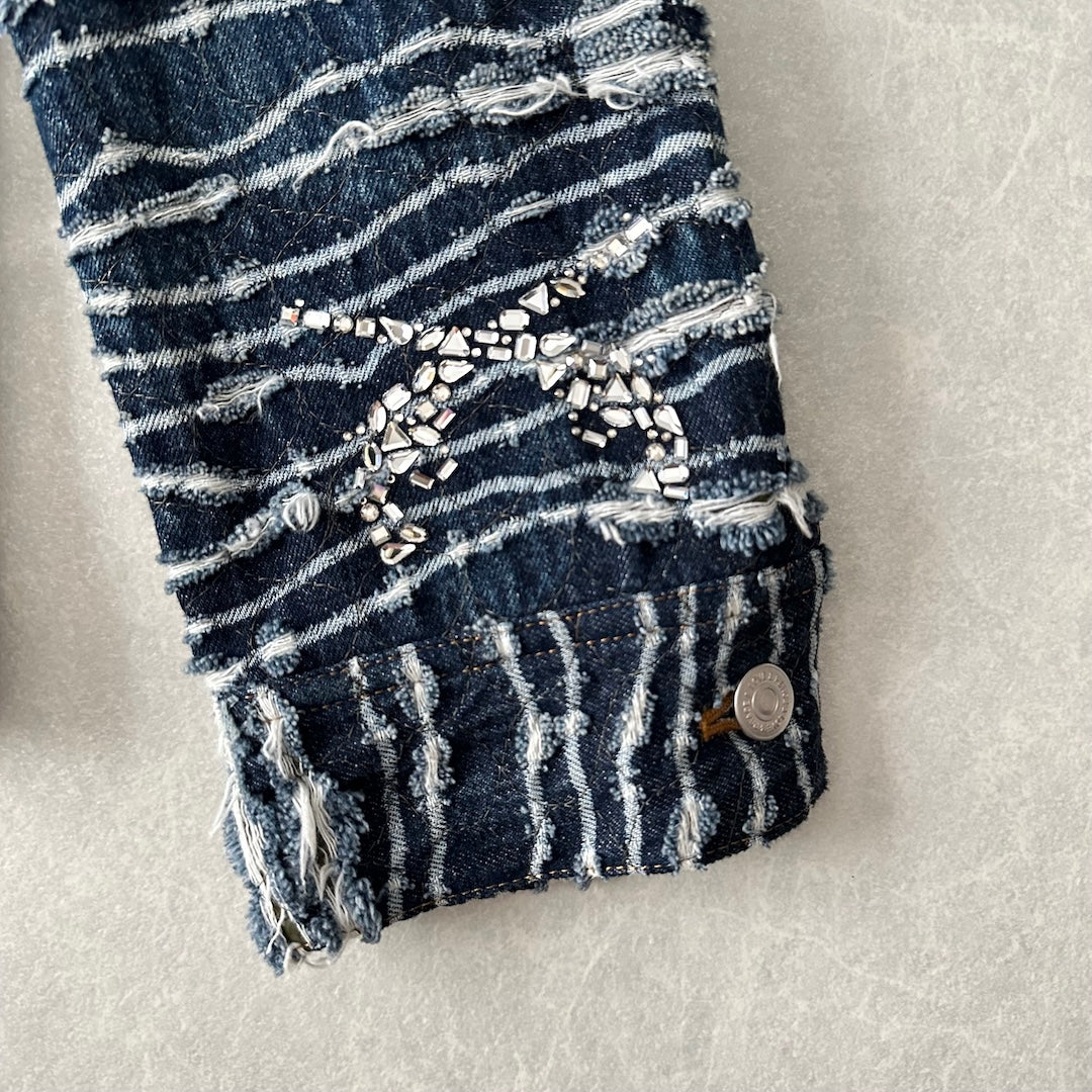 【mindseeker × roarguns】プリントキルティングデニムジャケット ブルー L 古着 メンズ