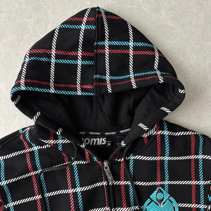 チェック柄スウェットジップアップパーカー チェック柄 M 古着 メンズ