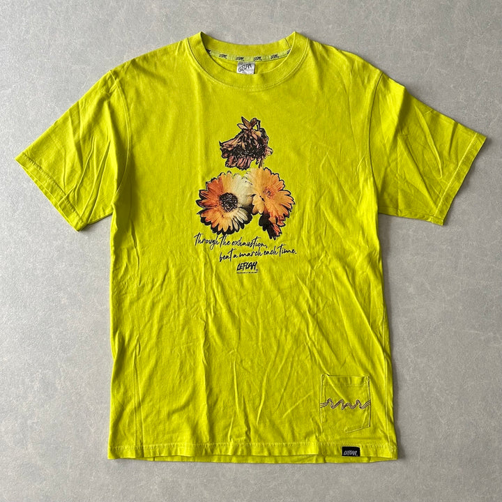 【LEFLAH】アートプリントポケット付き半袖Tシャツ イエロー M 古着 メンズ