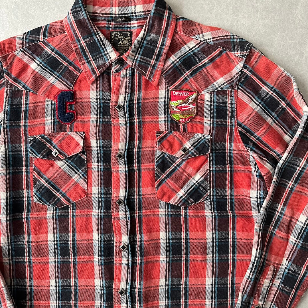 チェック柄ワッペンアメカジ長袖シャツ チェック柄 L 古着 メンズ