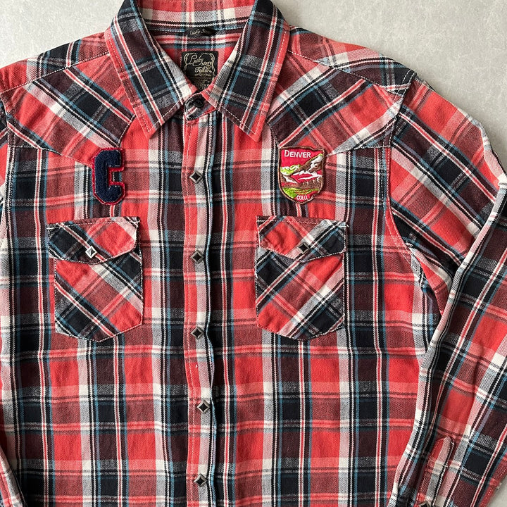 チェック柄ワッペンアメカジ長袖シャツ チェック柄 L 古着 メンズ