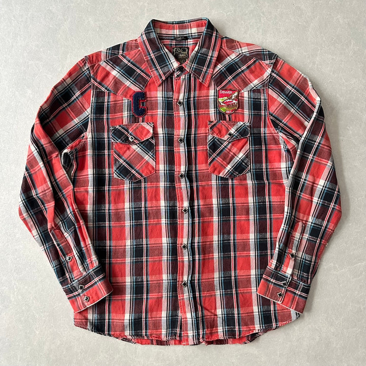 チェック柄ワッペンアメカジ長袖シャツ チェック柄 L 古着 メンズ