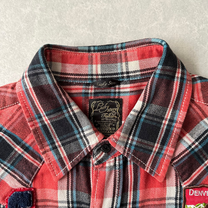 チェック柄ワッペンアメカジ長袖シャツ チェック柄 L 古着 メンズ