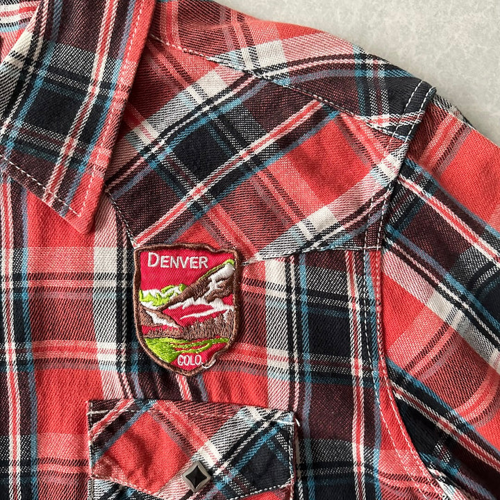 チェック柄ワッペンアメカジ長袖シャツ チェック柄 L 古着 メンズ