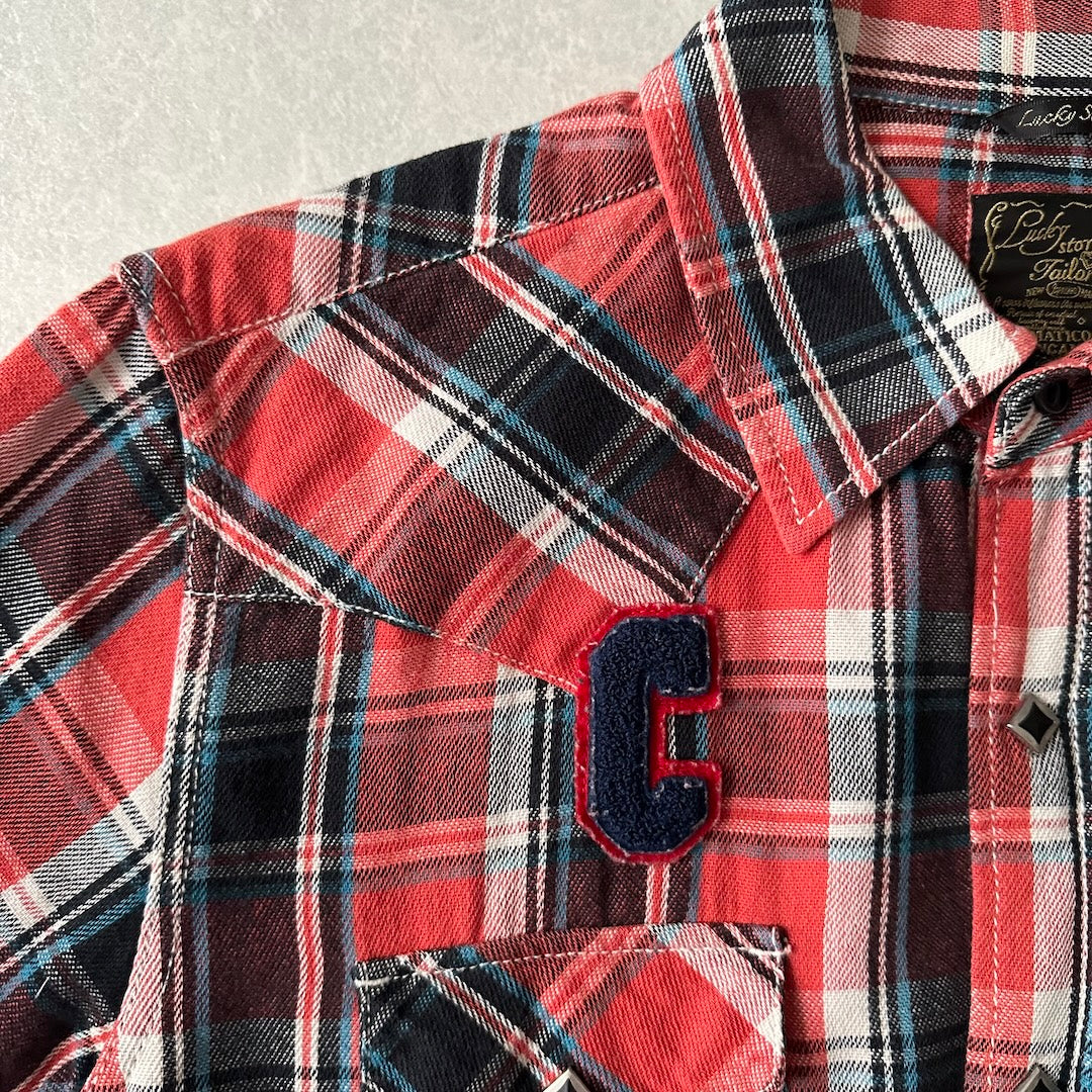 チェック柄ワッペンアメカジ長袖シャツ チェック柄 L 古着 メンズ