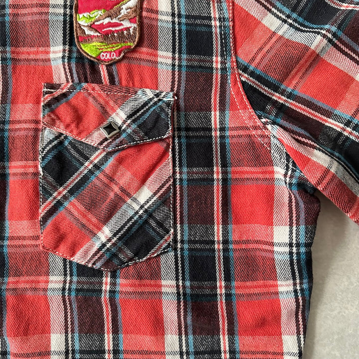 チェック柄ワッペンアメカジ長袖シャツ チェック柄 L 古着 メンズ