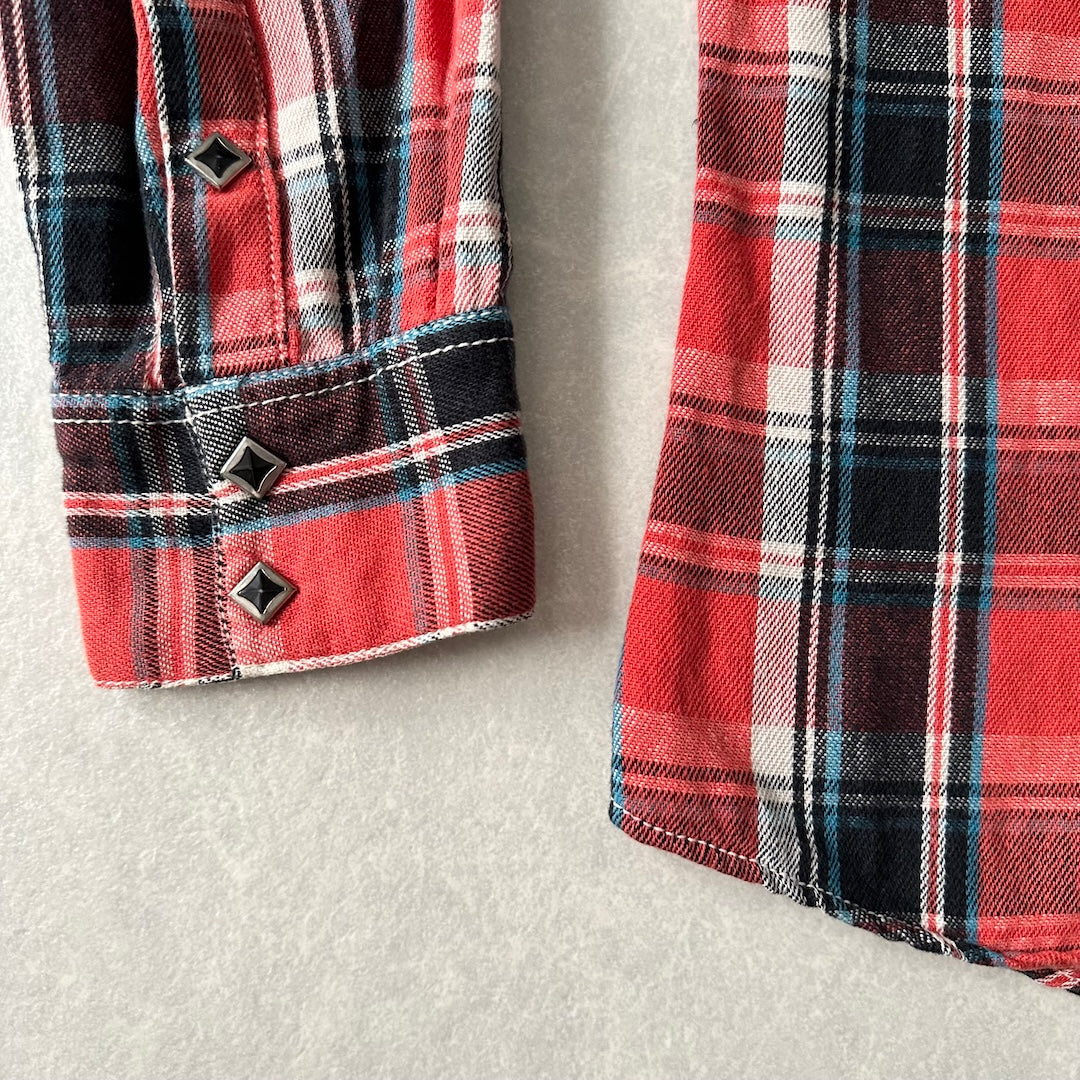 チェック柄ワッペンアメカジ長袖シャツ チェック柄 L 古着 メンズ