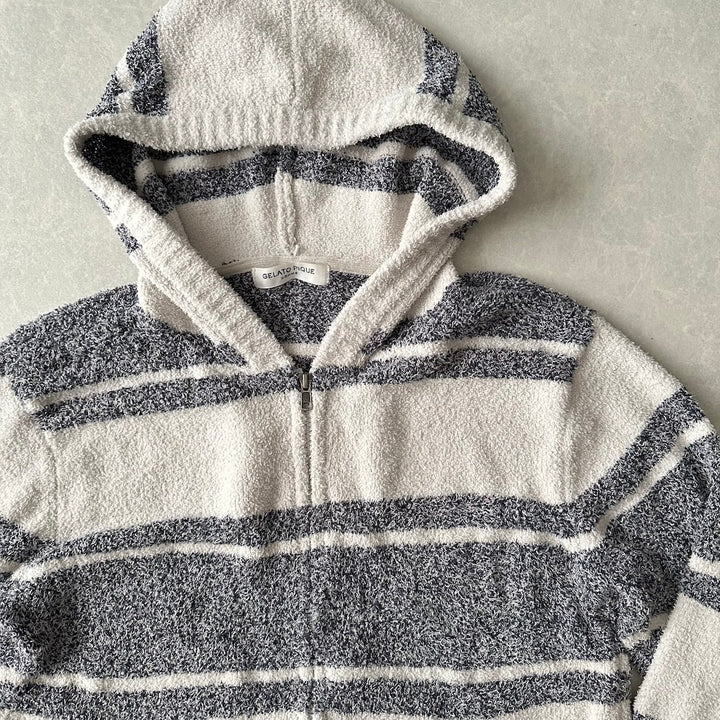 【GELATO PIQUE HOMME】ボーダー柄フリースダブルジップパーカー ボーダー柄 M 古着 メンズ