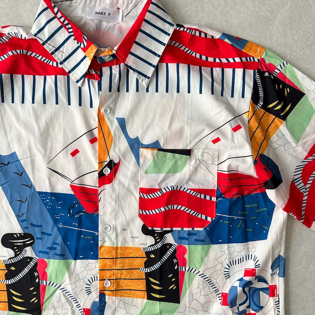 アート柄半袖シャツ 総柄 L 古着 メンズ