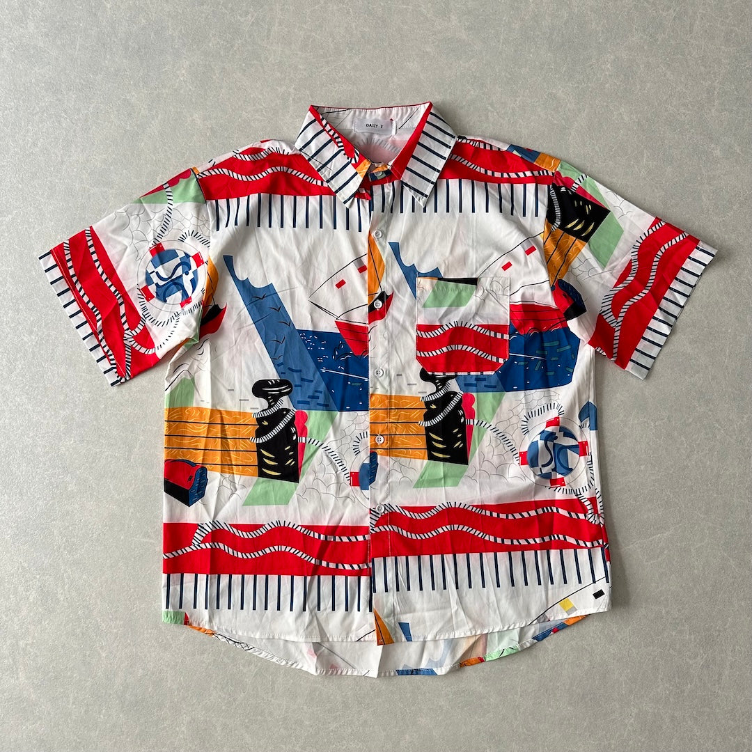 アート柄半袖シャツ 総柄 L 古着 メンズ