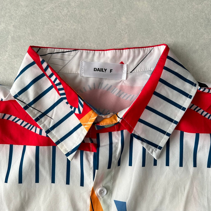 アート柄半袖シャツ 総柄 L 古着 メンズ