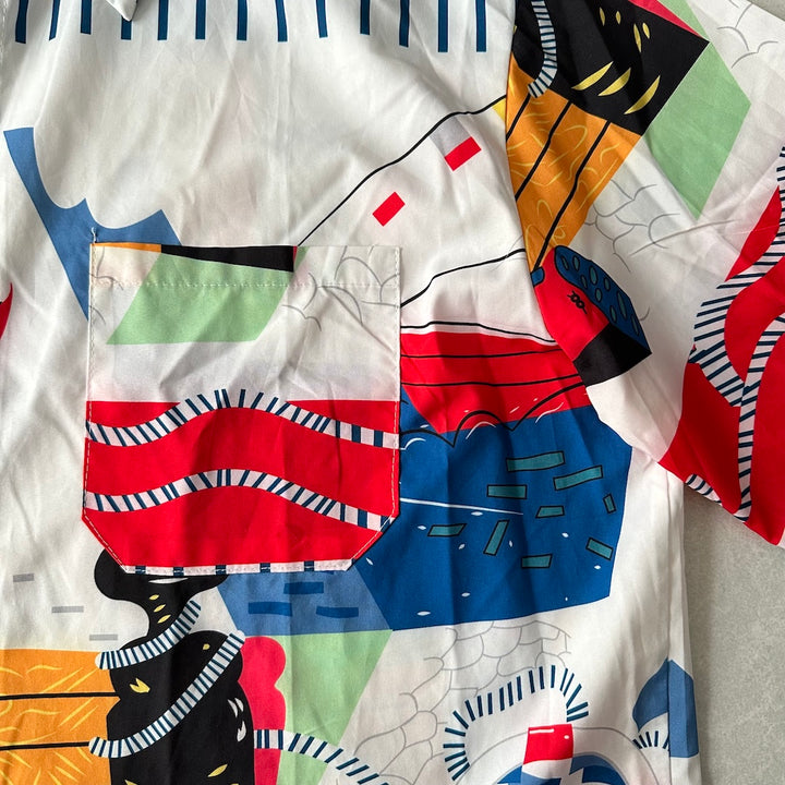 アート柄半袖シャツ 総柄 L 古着 メンズ