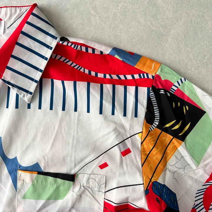 アート柄半袖シャツ 総柄 L 古着 メンズ