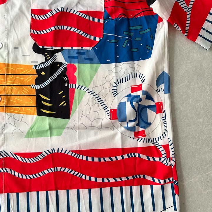 アート柄半袖シャツ 総柄 L 古着 メンズ