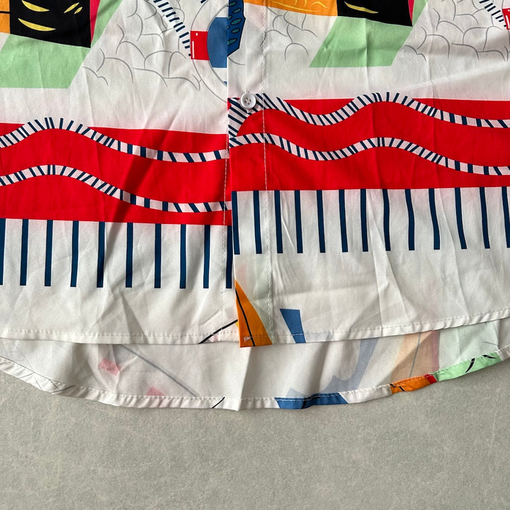 アート柄半袖シャツ 総柄 L 古着 メンズ