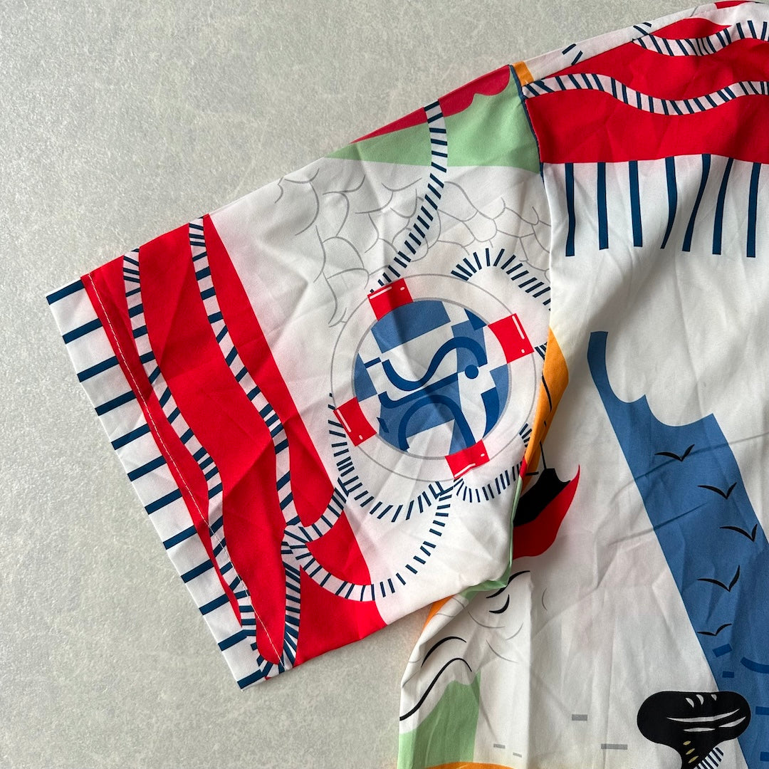 アート柄半袖シャツ 総柄 L 古着 メンズ