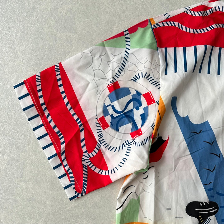 アート柄半袖シャツ 総柄 L 古着 メンズ