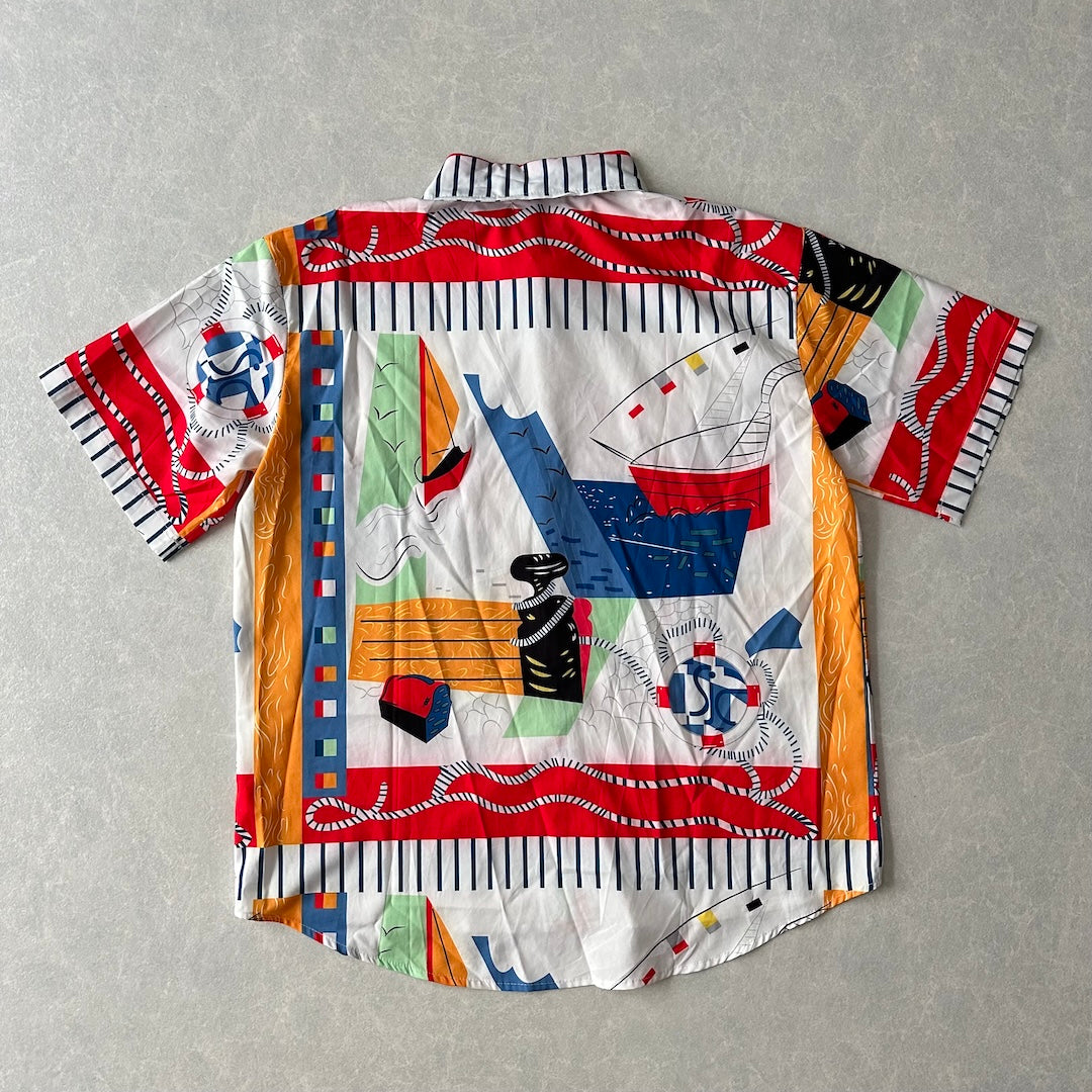 アート柄半袖シャツ 総柄 L 古着 メンズ