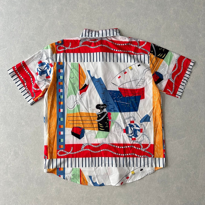 アート柄半袖シャツ 総柄 L 古着 メンズ