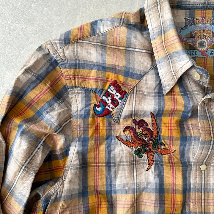 刺繍チェック長袖シャツ チェック柄 M 古着 メンズ