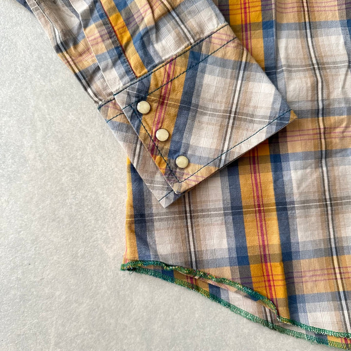 刺繍チェック長袖シャツ チェック柄 M 古着 メンズ