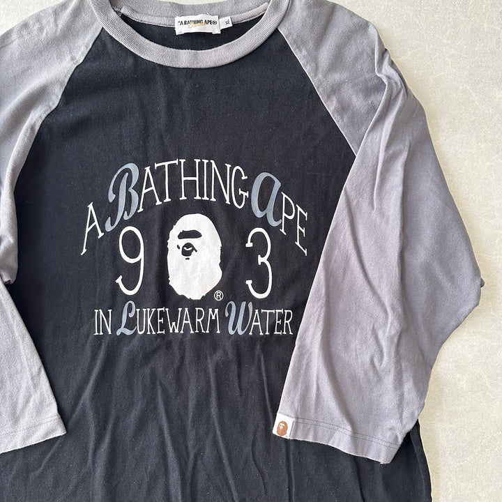 【A BATHING APE】プリントラグランスリーブ七分丈Tシャツ ブラック XL 古着 メンズ