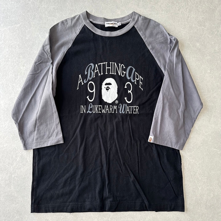 【A BATHING APE】プリントラグランスリーブ七分丈Tシャツ ブラック XL 古着 メンズ