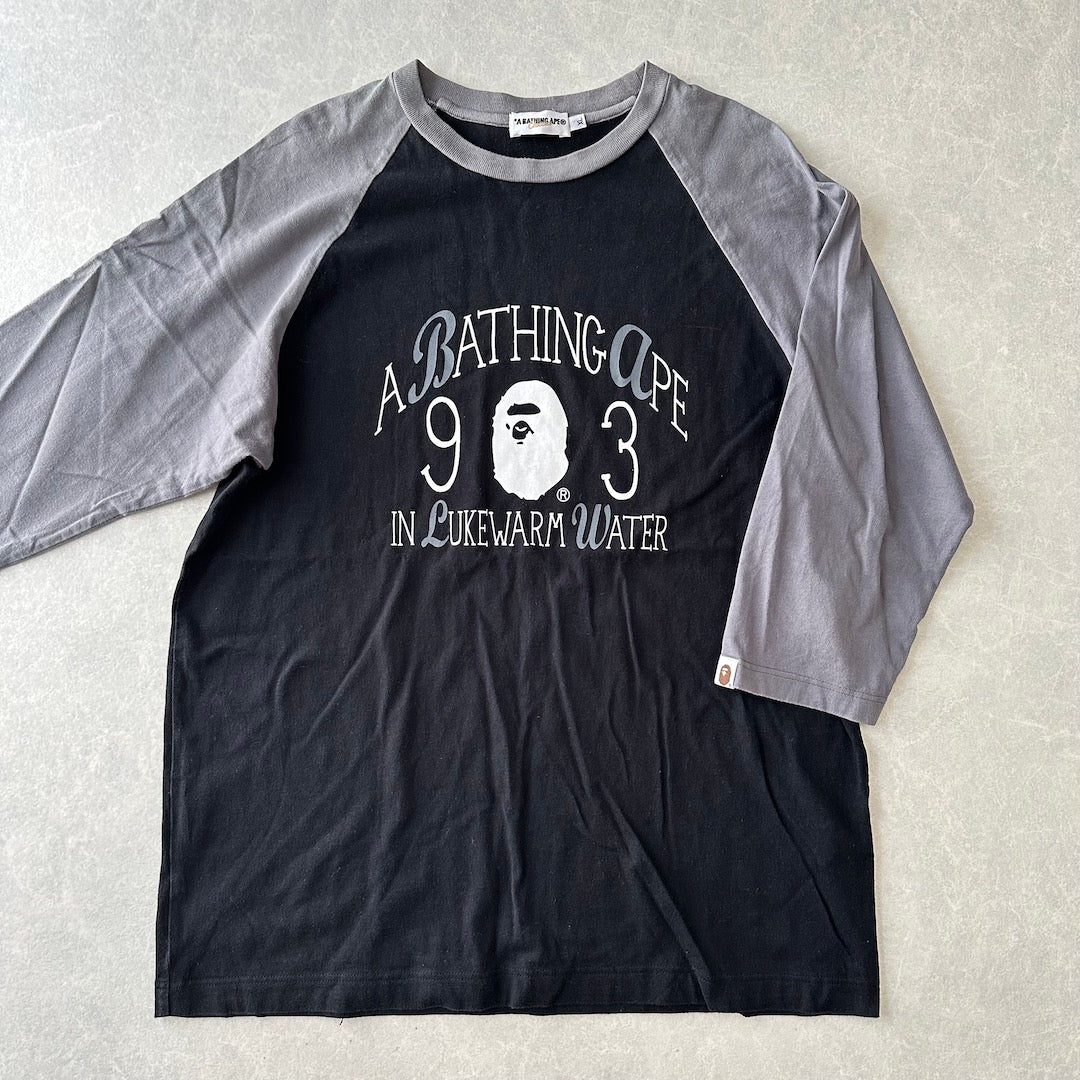 【A BATHING APE】プリントラグランスリーブ七分丈Tシャツ ブラック XL 古着 メンズ