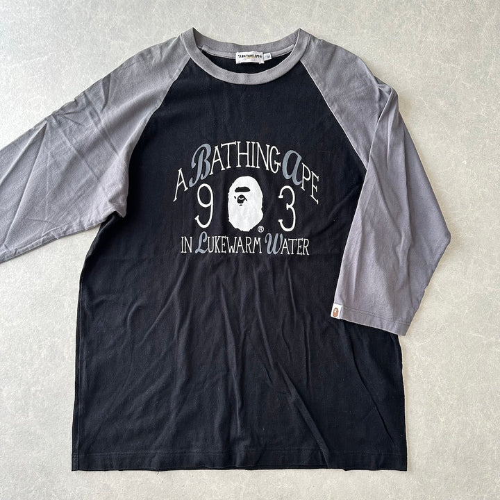 【A BATHING APE】プリントラグランスリーブ七分丈Tシャツ ブラック XL 古着 メンズ