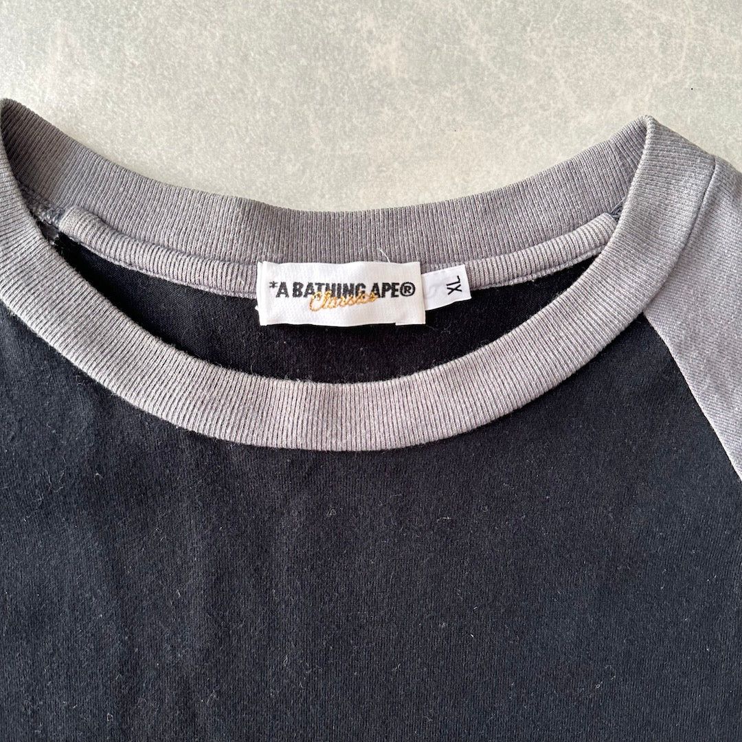 【A BATHING APE】プリントラグランスリーブ七分丈Tシャツ ブラック XL 古着 メンズ
