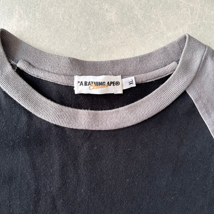【A BATHING APE】プリントラグランスリーブ七分丈Tシャツ ブラック XL 古着 メンズ