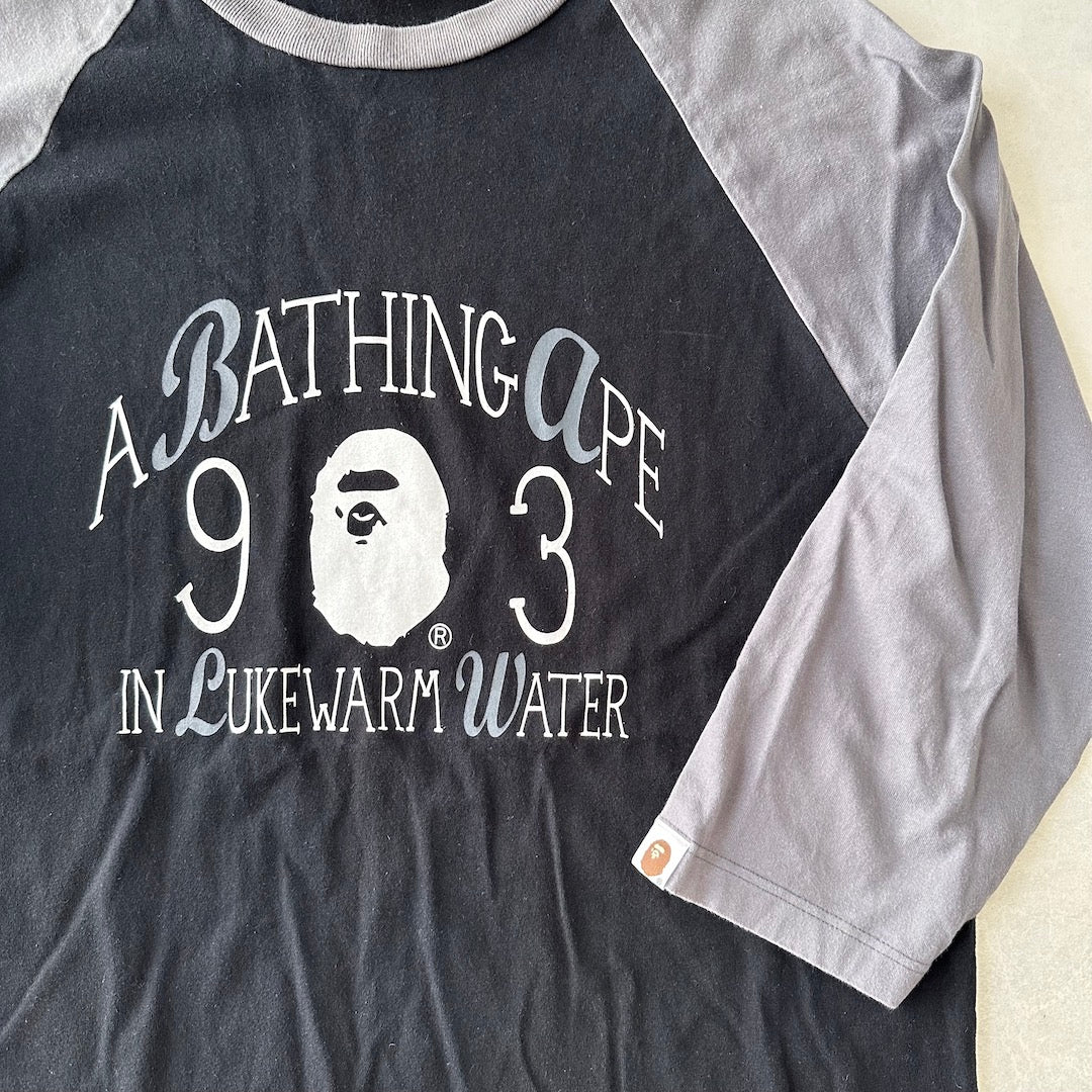 【A BATHING APE】プリントラグランスリーブ七分丈Tシャツ ブラック XL 古着 メンズ