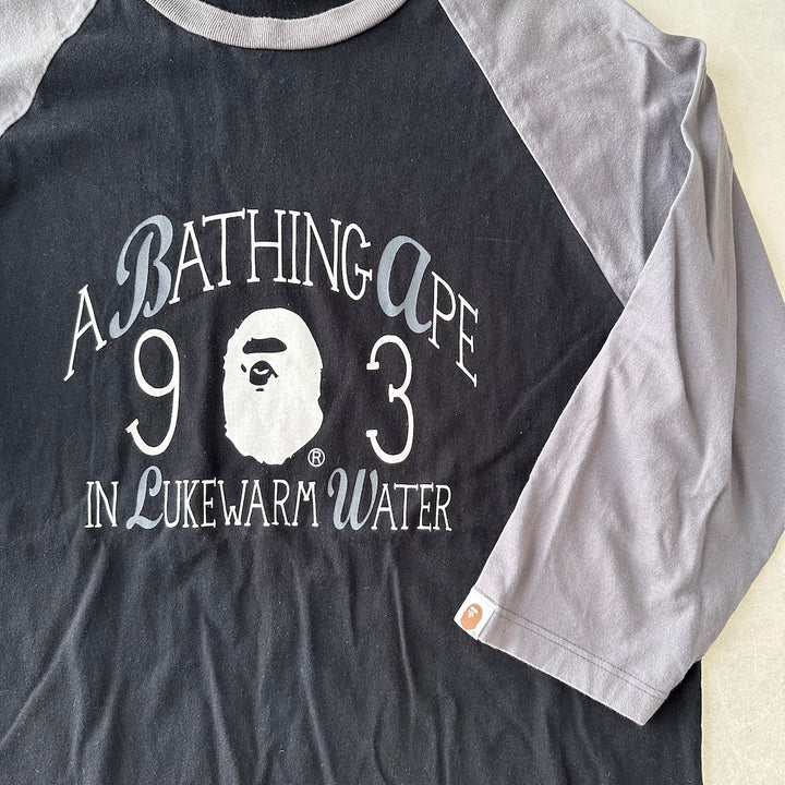 【A BATHING APE】プリントラグランスリーブ七分丈Tシャツ ブラック XL 古着 メンズ