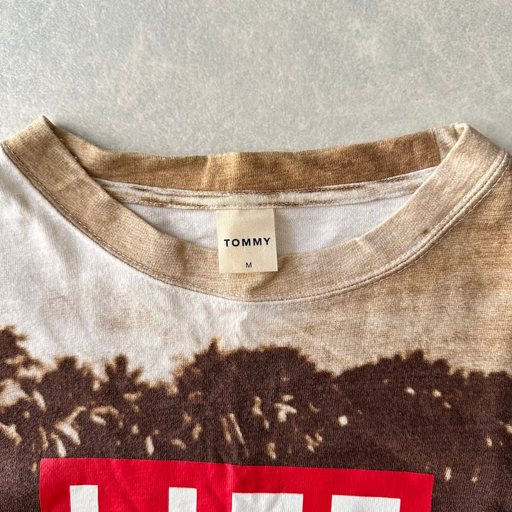 【TOMMY】LIFEビーチ柄プリント半袖Tシャツ 総柄 M 古着 メンズ