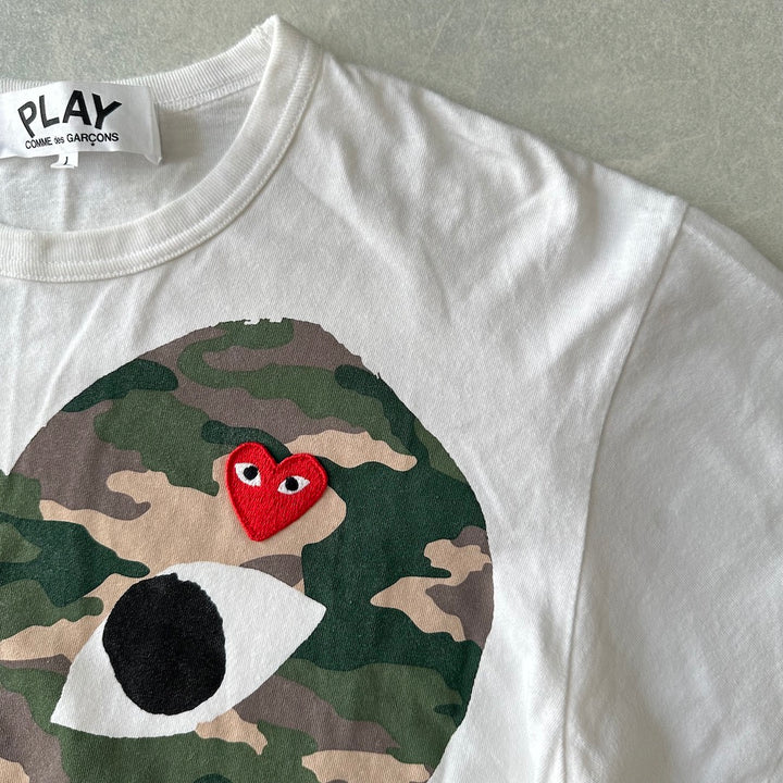 【PLAY COMME des GARÇONS】迷彩柄ハートプリント半袖Tシャツ ホワイト L 古着 メンズ レディース