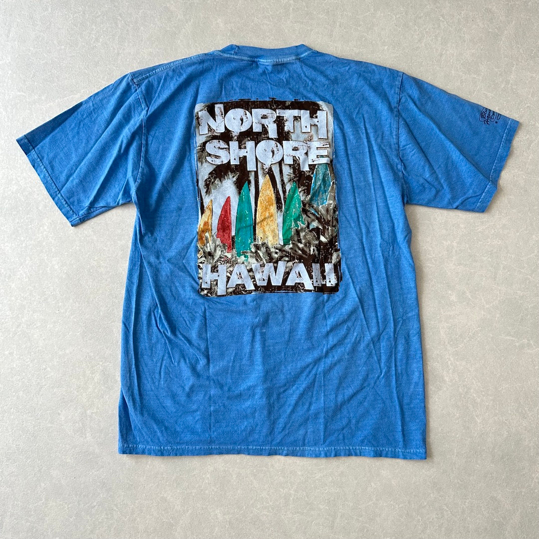 ヴィンテージ風サーフプリント半袖Tシャツ ブルー L 古着 メンズ