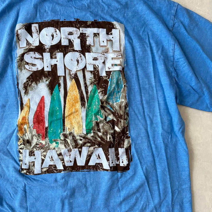 ヴィンテージ風サーフプリント半袖Tシャツ ブルー L 古着 メンズ