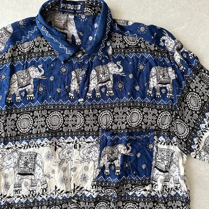 ゾウ柄半袖シャツ 総柄 L 古着 メンズ