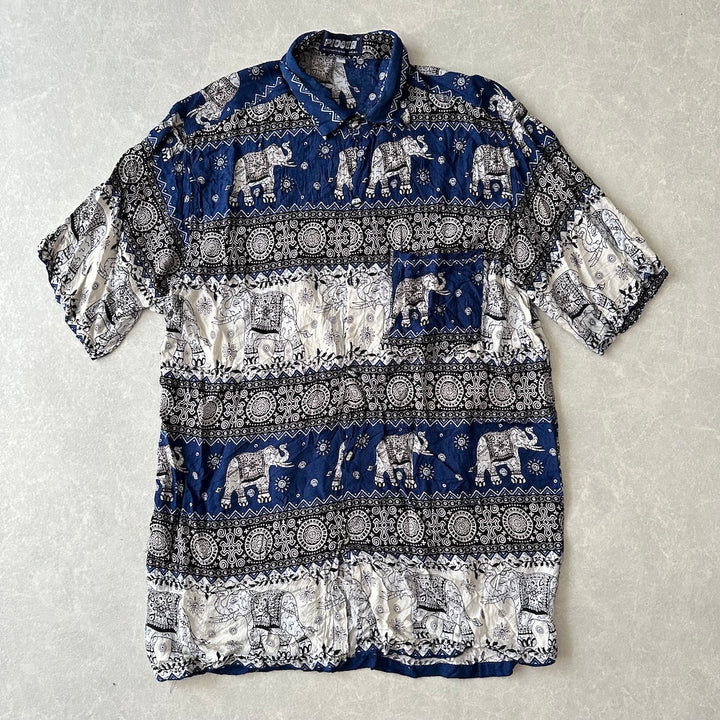 ゾウ柄半袖シャツ 総柄 L 古着 メンズ