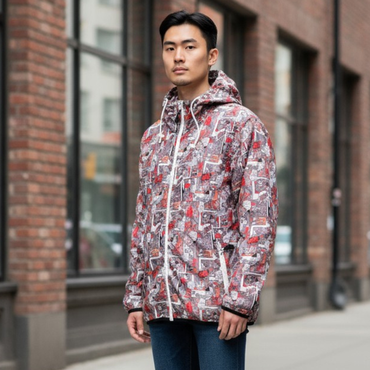 アメコミ柄ポッププリント ナイロンダブルジップパーカー 総柄 XL 古着 メンズ