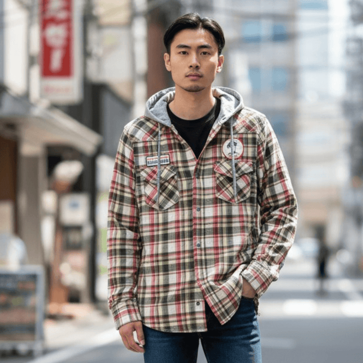 取り外しフード付きチェック柄ワッペンシャツ チェック柄 M 古着 メンズ