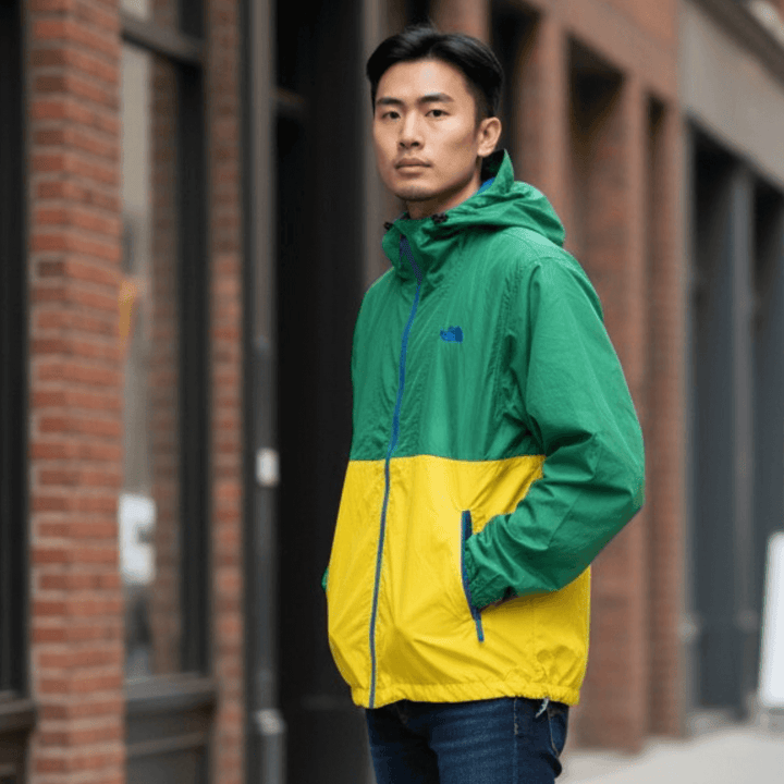 【THE NORTH FACE】ジップアップナイロンブルゾン グリーン×イエロー L 古着 メンズ
