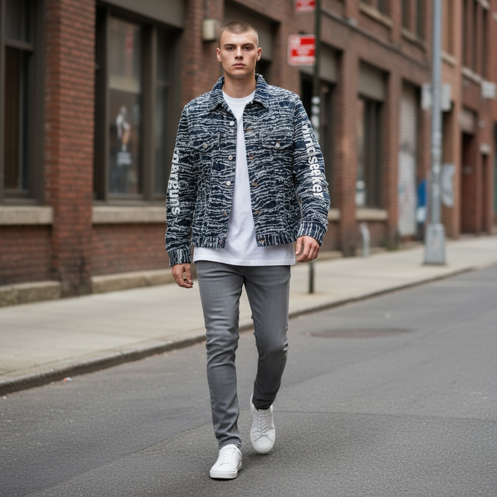 【mindseeker × roarguns】プリントキルティングデニムジャケット ブルー L 古着 メンズ