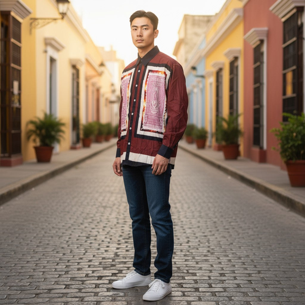 【WANNA】アート柄プリントシャツ ブラウン 1 古着 メンズ