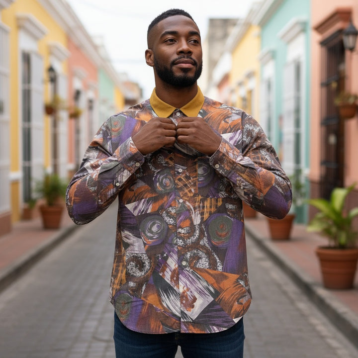 アート柄編立衿総柄シャツ 総柄 L 古着 メンズ