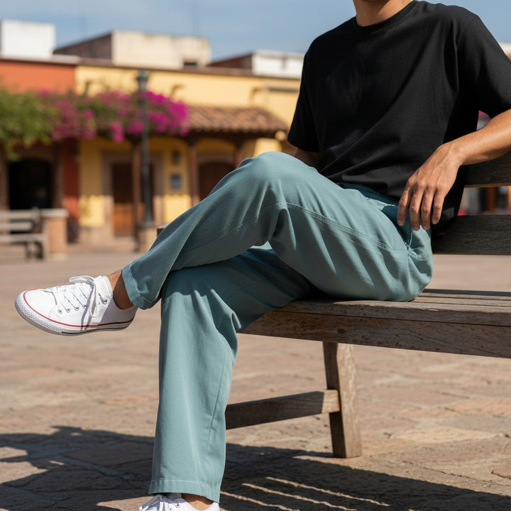 刺繍入りリラックスイージーパンツ ブルー 古着 メンズ