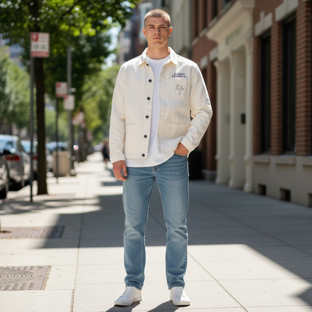 ヤシの木プリントデニムカバーオールジャケット ホワイト L 古着 メンズ