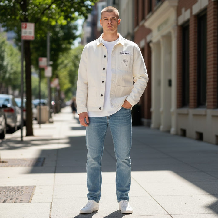 ヤシの木プリントデニムカバーオールジャケット ホワイト L 古着 メンズ